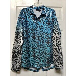 COSTUME AGENT TOP SIZE M SEQUIN BLUE ANIMAL PRINT LONG SLEEVES SNAP BUTTONS